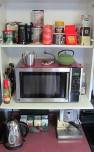 The last of my tea bags are behind the kettle on the counter - Rom's are at Top Right