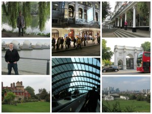 Clockwise from top left: Dar at Richmond riverbank; after the theatre; Dar at the Pantiles (Tunbridge Wells); Marble Arch at Hyde Park; View from royal Observatory in Greenwich; one of the newest of dozens of underground and rail stops we found ourselves in; Stansted (National Trust stately home); Rom at Thames Barrier