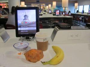 iPad lounge at LaGuardia (and my breakfast!)