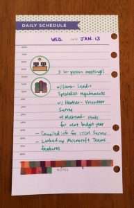 Bullet journal page with work activities listed