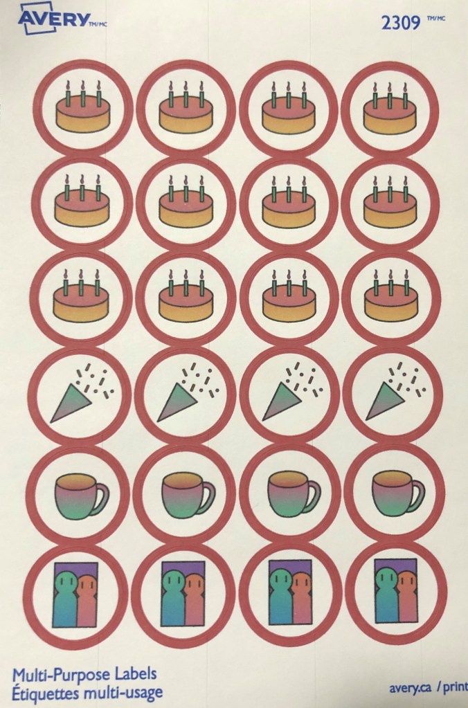 Round labels for bullet journal include birthday parties, celebrations, cafe visits and friends